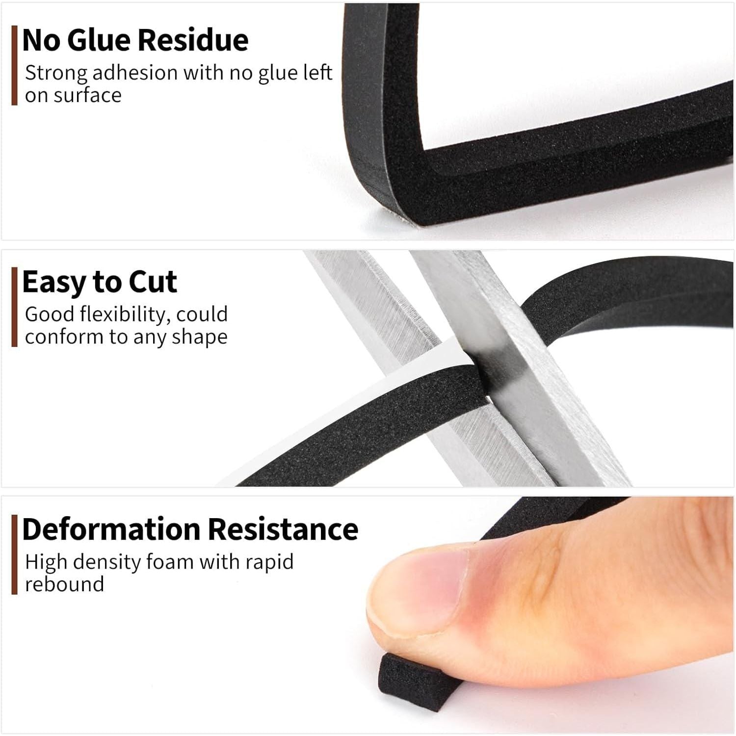 Yotache Foam Tape 3 Strips 1/4 Inch Wide X 1/4 Inch Thick, Weather Stripping For Doors And Window High Density Foam Seal Tape Sliding Door Weather Strip, Total 30 Feet Long (3 X 10 Ft Each),
