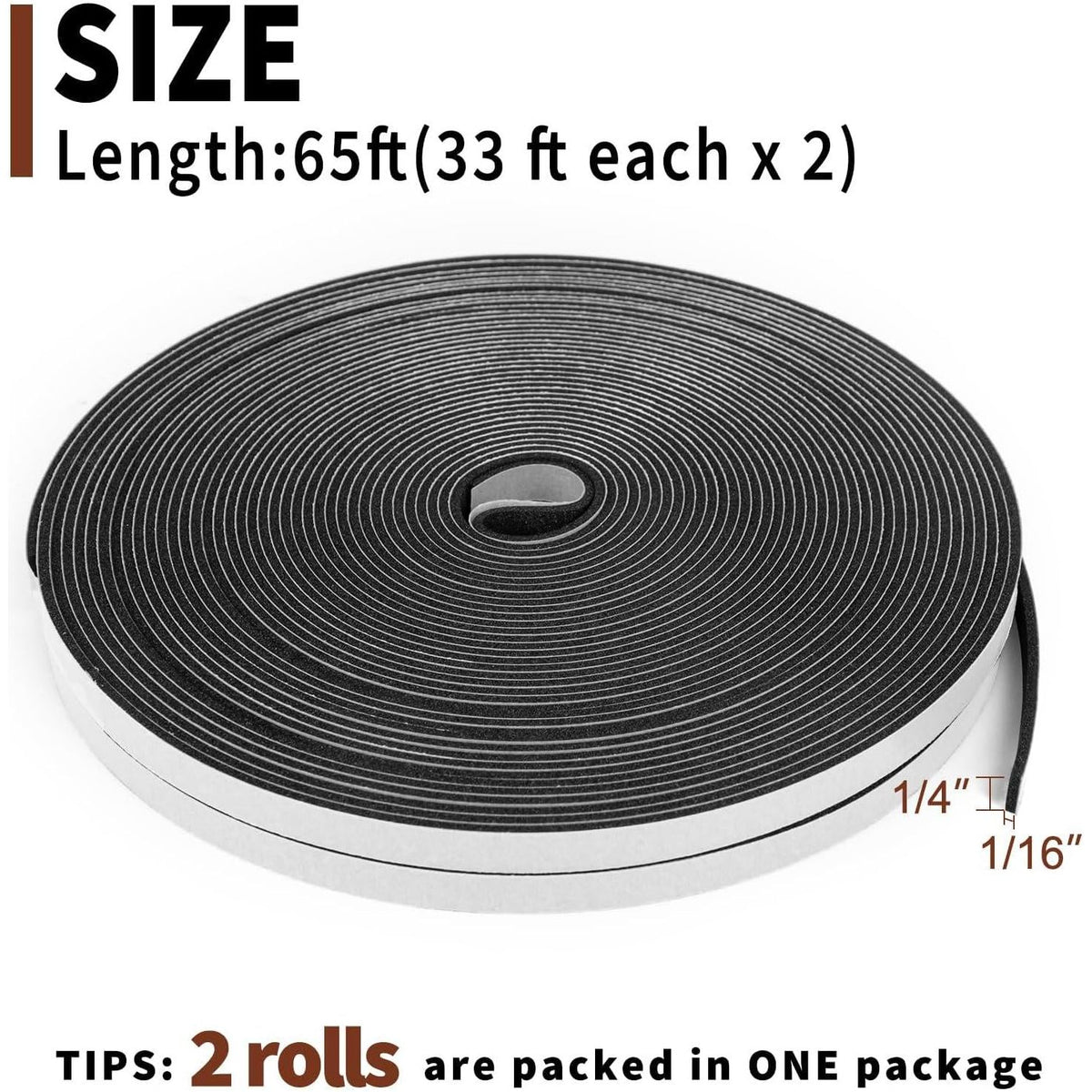 Yotache Thin Weather Stripping 2 Strips Total 65 Feet Long 1/16 Inch Thick X (.25) 1/4 Inch Wide, 1.5mm Foam Gasket Seal Tape For Window, Sliding Door Jamb, Speaker, Dashboard, 2 X 33 Ft Each,653846952769