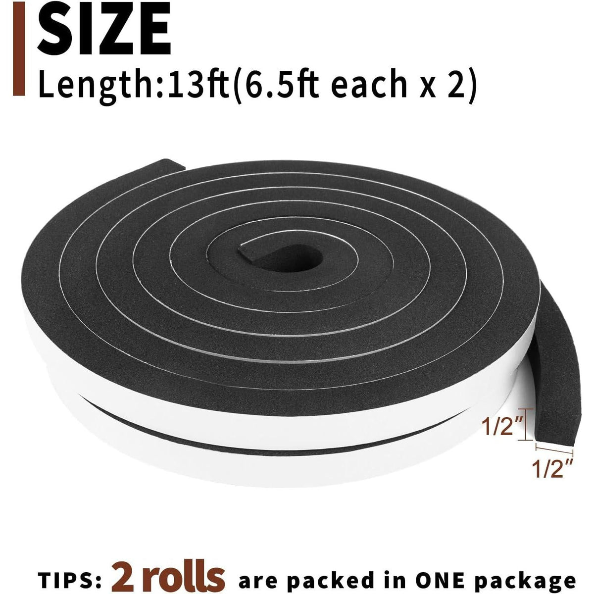 Yotache Window Insulation Weather Stripping 2 Rolls 1/2 Inch Wide X 1/2 Inch Thick, Closed Cell Foam Tape Adhesive Rubber Seal Strip, Total 13 Feet Long (2 X 6.5 Ft Each),