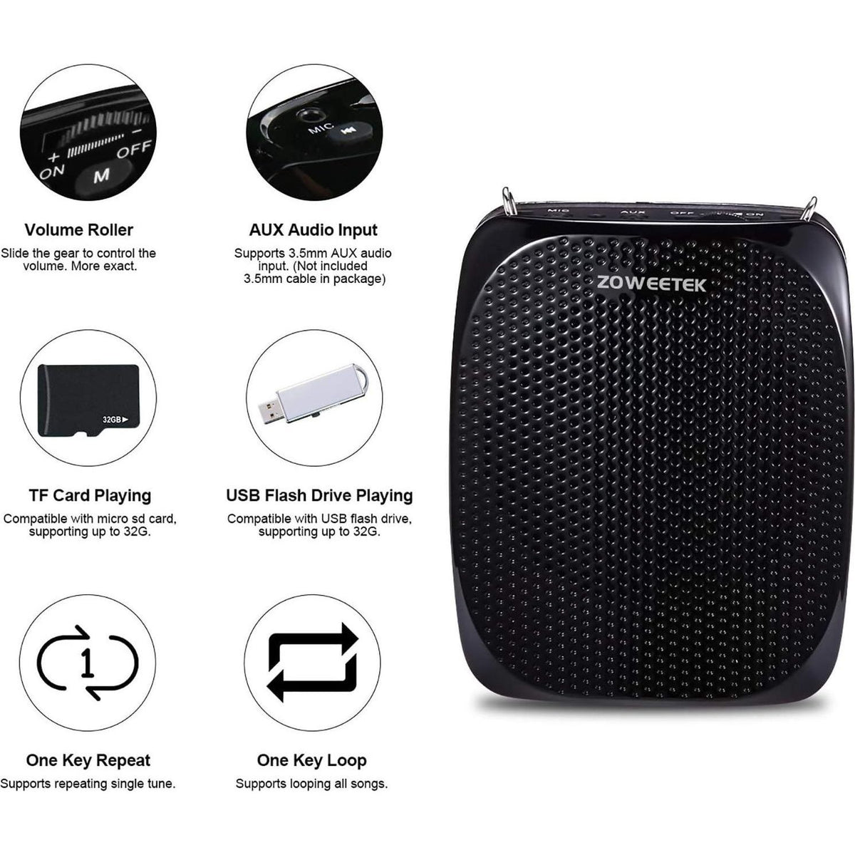 ZOWEETEK ZW-Z258 Portable Rechargeable Mini Voice Amplifier For Teachers With Waistband, Portable Speakers Supports MP3 Format Audio For Speech, Class, Training,Tour Guide, Power Amplifiers,