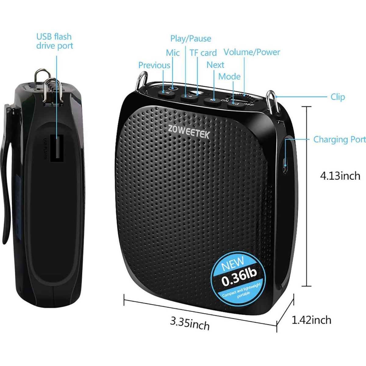 ZOWEETEK ZW-Z258 Portable Rechargeable Mini Voice Amplifier For Teachers With Waistband, Portable Speakers Supports MP3 Format Audio For Speech, Class, Training,Tour Guide, Power Amplifiers,