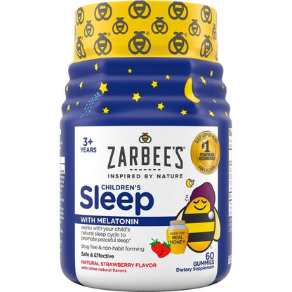 Zarbee's Children's Sleep Gummies with Melatonin, Non-Habit Forming, Promotes Peaceful Sleep, Drug-Free, Natural Strawberry Flavor, 60 Count