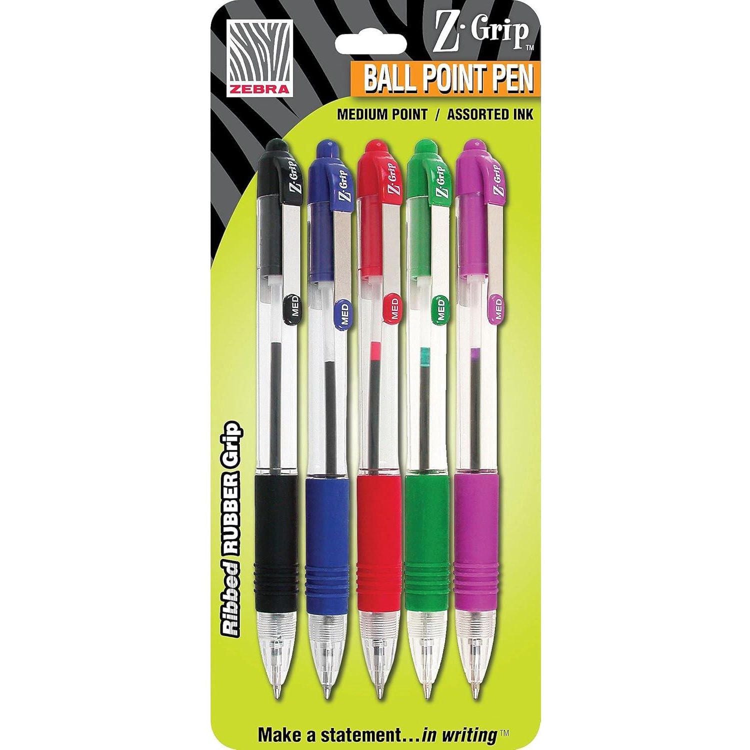 Zebra Pen Z-Grip Ballpoint Retractable Pen, 1.0mm, Assorted, 5-Pack,