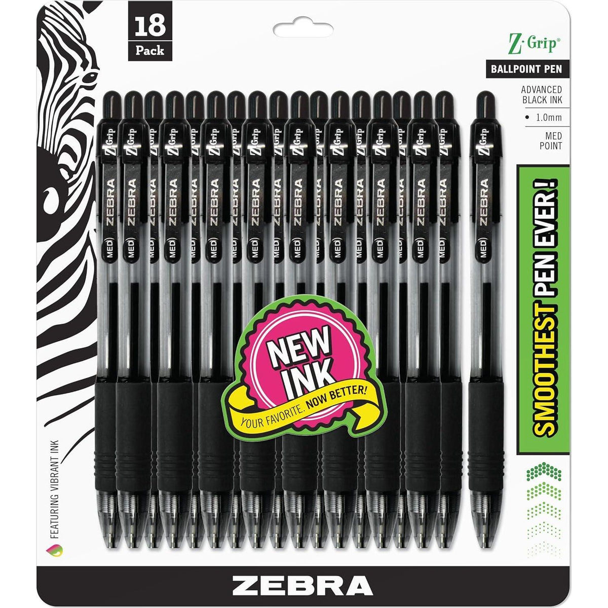 Zebra Pen Z-Grip Retractable Ballpoint Pen, Medium Point, 1.0mm, Black, (Case Of 6 Packs, 108 Count Total),