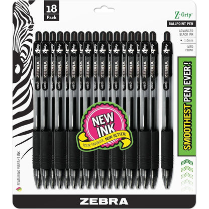 Zebra Pen Z-Grip Retractable Ballpoint Pen, Medium Point, 1.0mm, Black, (Case Of 6 Packs, 108 Count Total),