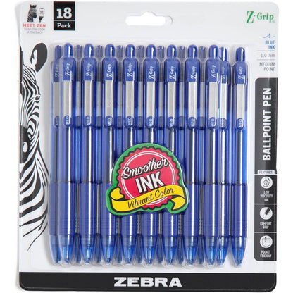 Zebra Pen Z-Grip Retractable Ballpoint Pen, Medium Point, Blue Ink, 18-Pack, Model Number: 22258,