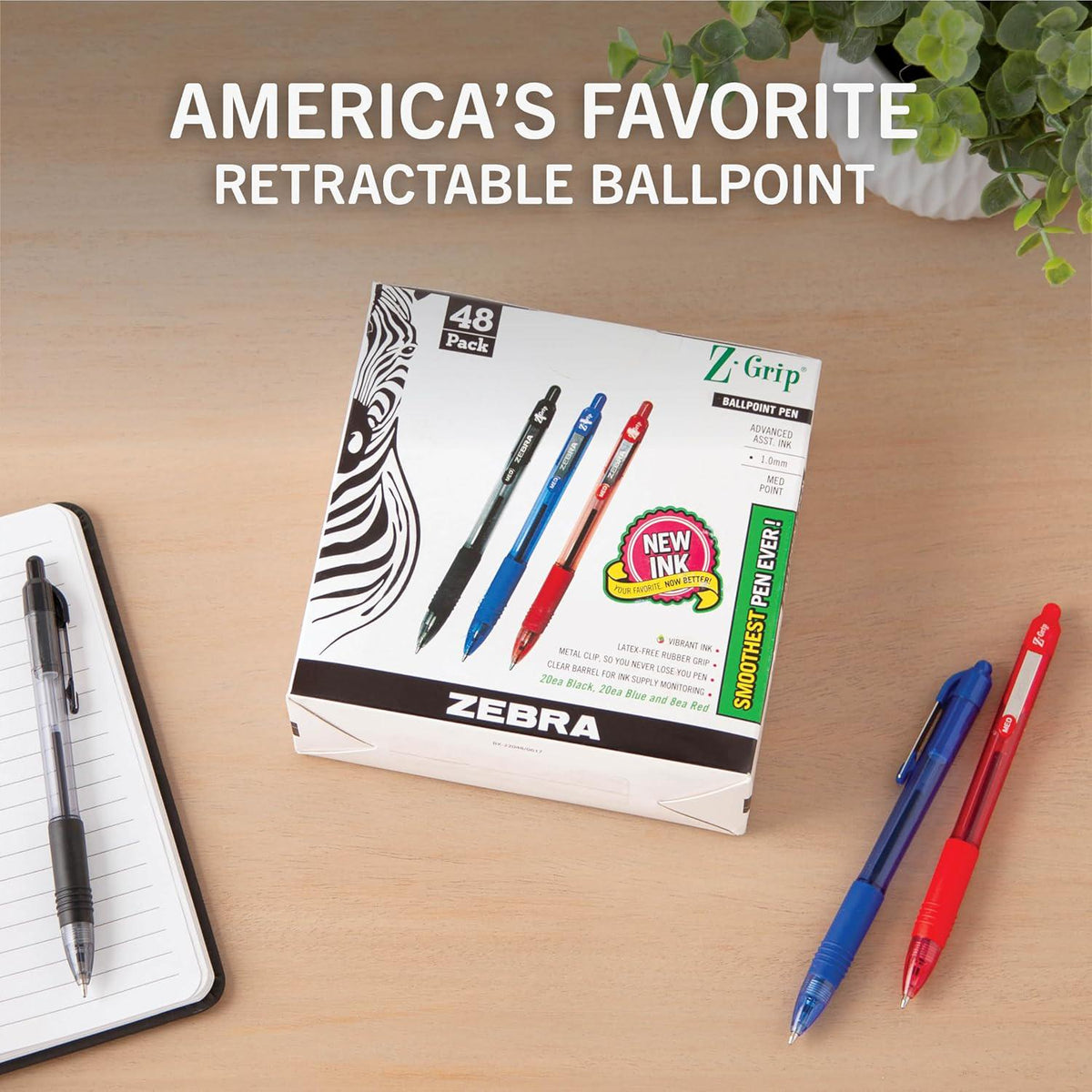 Zebra Pen Z-Grip Retractable Ballpoint Pen, Medium Point, Assorted Business Colors, 48-Pack, Model Number: 22048,