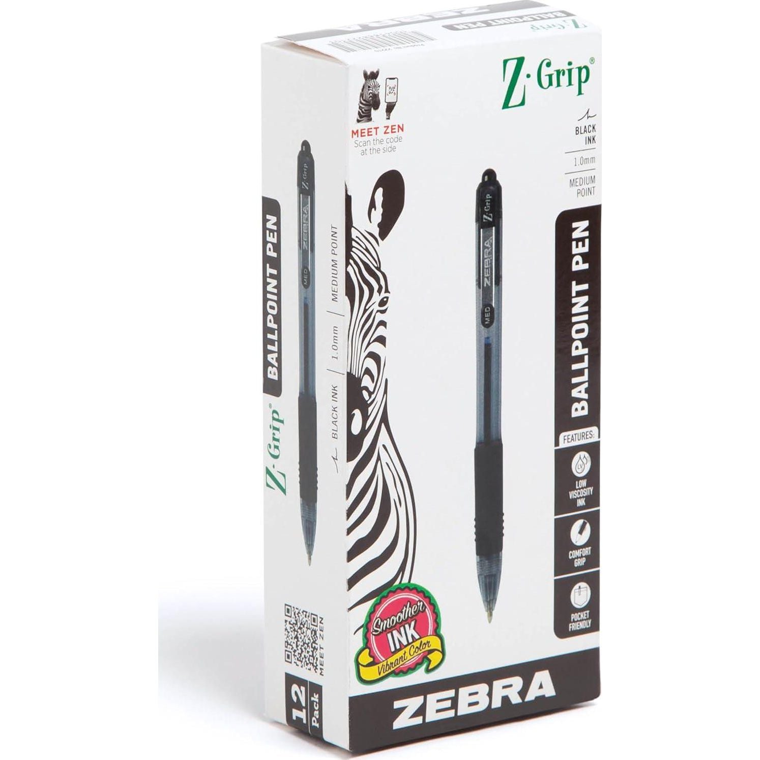 Zebra Pen Z-Grip Retractable Ballpoint Pen, Medium Point, 1.0mm, Black Ink, 12-Count,