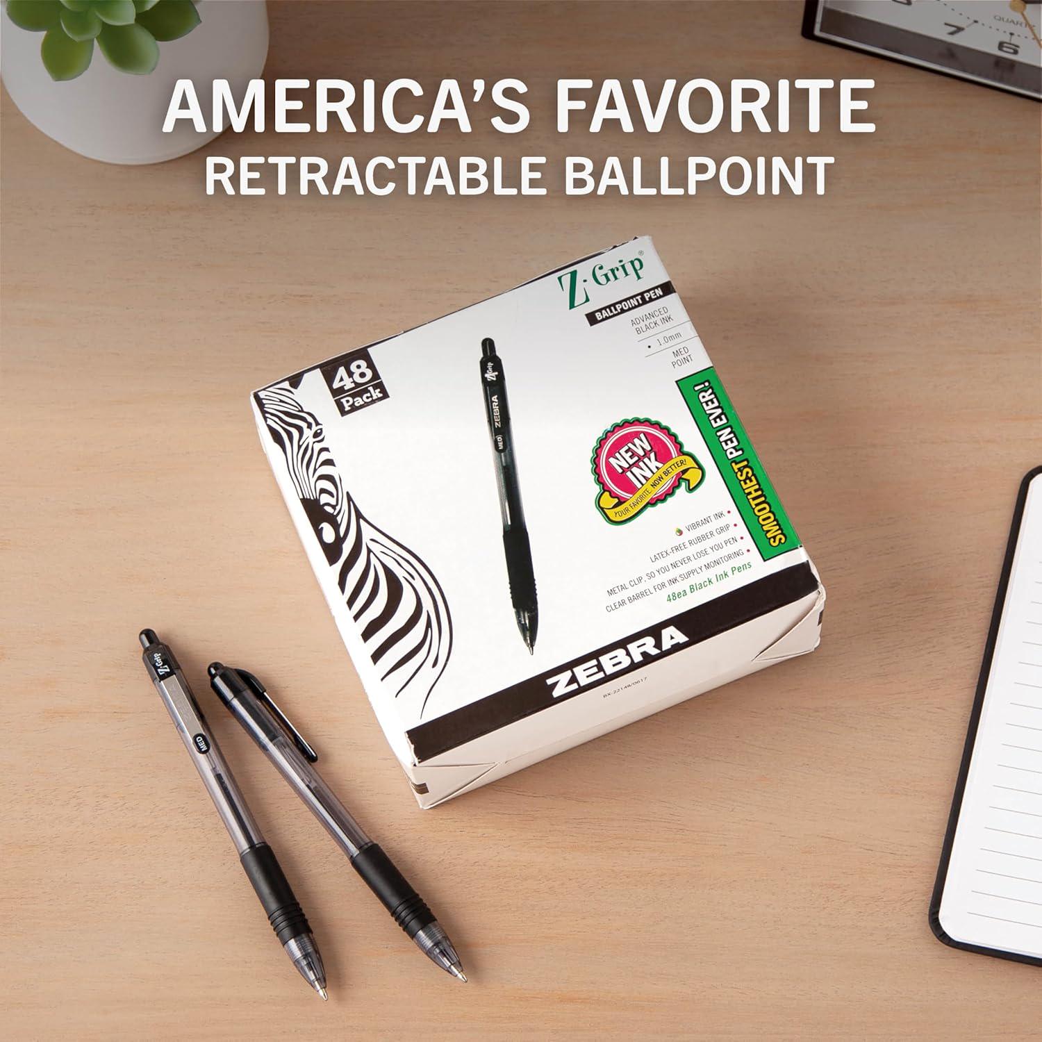 Zebra Pen Z-Grip Retractable Ballpoint Pen, Medium Point, 1.0mm, Black Ink, 48-Pack,