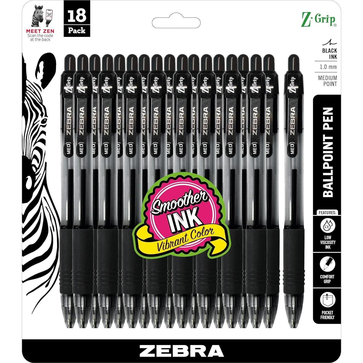 Zebra Pen Z-Grip Retractable Ballpoint Pen, Medium Point, 1.0mm, Black Ink, 18 Pieces, Model Number: 22218 (Pack Of 48, 864 Count Total),