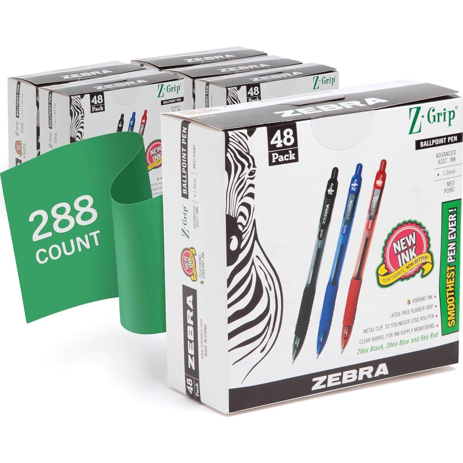 Zebra Pen Z-Grip Retractable Ballpoint Pen, Medium Point, 1.0mm, Assorted Business Colors, 48 Pack - (Case Of 6, 288 Count Total),