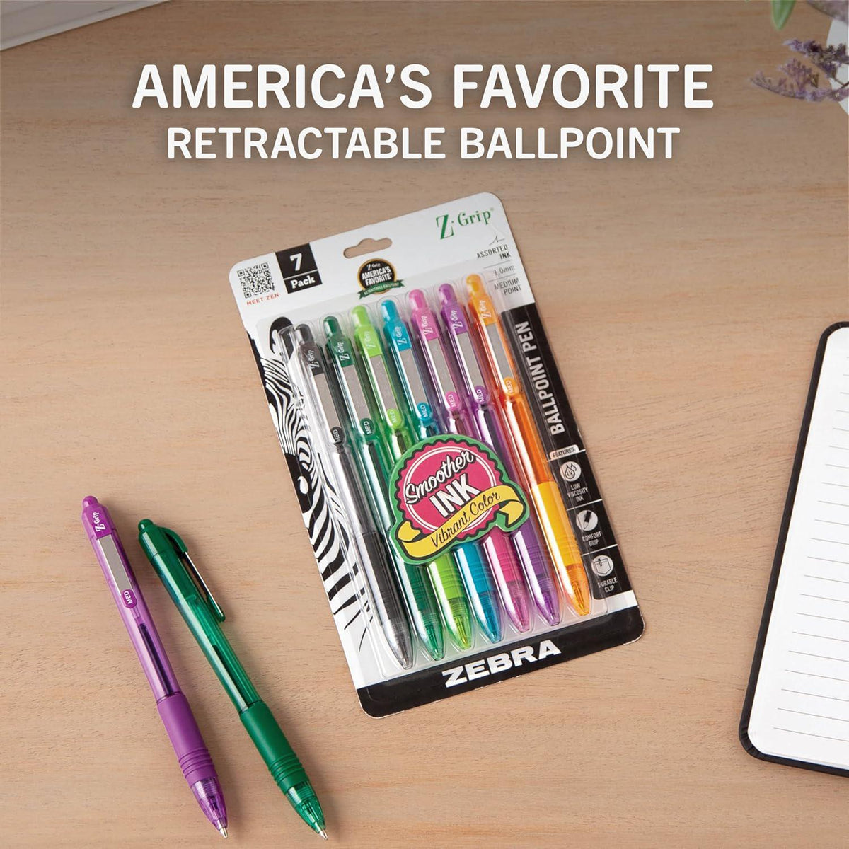 Zebra Pen Z-Grip Retractable Ballpoint Pen, Medium Point, 1.0mm, Assorted Fashion Colors, 7-Pack (22276),
