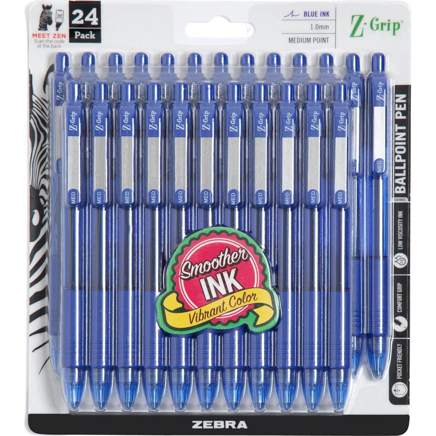 Zebra Pen Z-Grip Retractable Ballpoint Pen, Medium Point, Blue Ink, 24-Pack, Model Number: 12225,