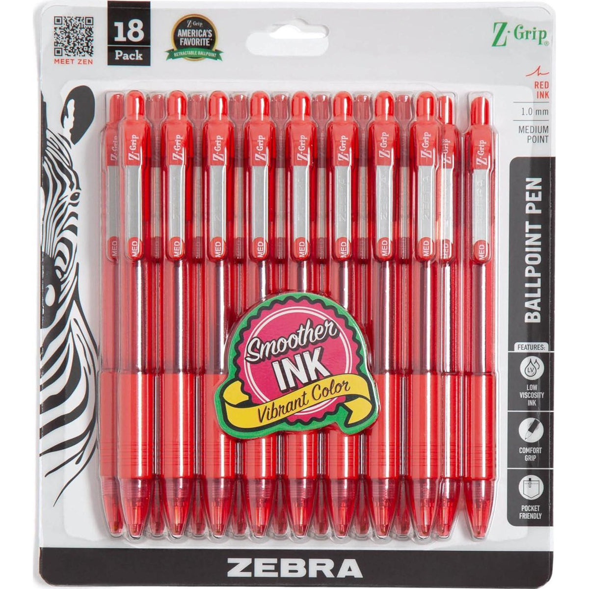 Zebra Pen Z-Grip Retractable Ballpoint Pen, Medium Point, Red Ink (Pack Of 1, 18 Count Total),