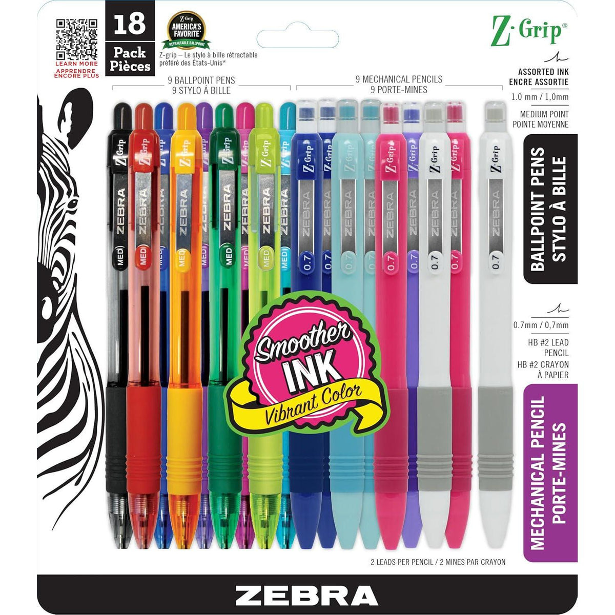Zebra Pen Z-Grip Retractable Ballpoint Pen, Medium Point, Assorted Ink, Plus Z-Grip Mechanical Pencil, Medium Point, HB #2, Graphite, 18-Pack. (23618),
