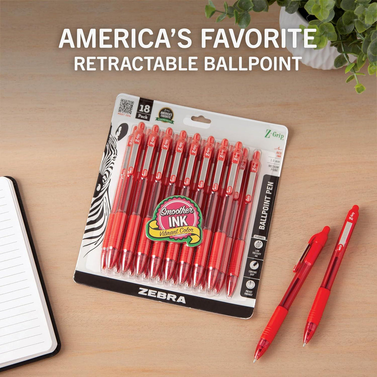 Zebra Pen Z-Grip Retractable Ballpoint Pen, Medium Point, Red Ink (Pack Of 1, 18 Count Total),