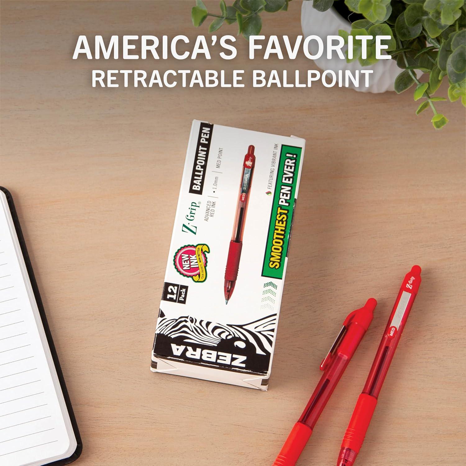 Zebra Pen Z-Grip Retractable Ballpoint Pen, Medium Point, 1.0mm, Red Ink, 12-Count,