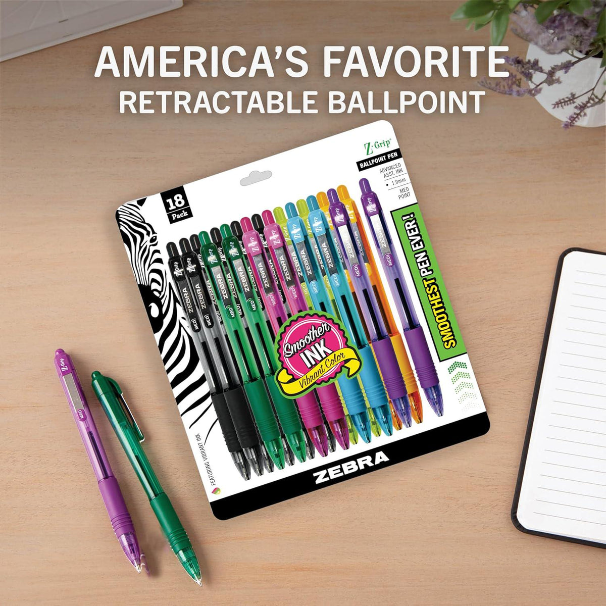 Zebra Pen Z-Grip Retractable Ballpoint Pen, Medium Point, 1.0mm, Assorted Fashion Colors - 18 Pieces (22208),