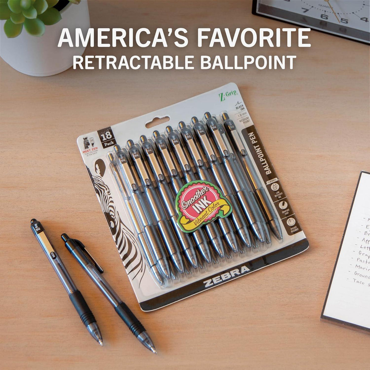 Zebra Pen Z-Grip Retractable Ballpoint Pen, Medium Point, Black Ink, Model Number: 22218, 18-Pack (22218),