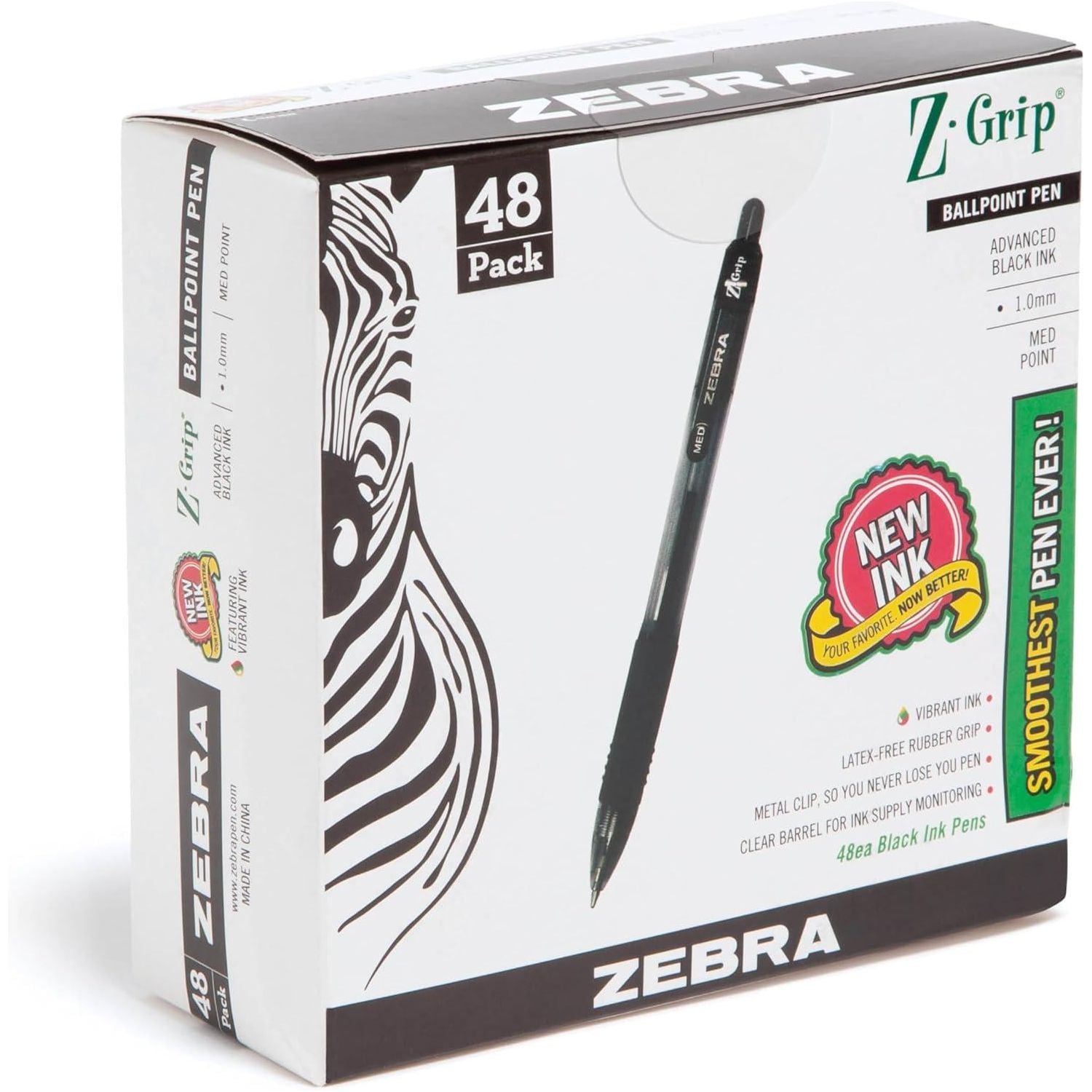 Zebra Pen Z-Grip Retractable Ballpoint Pen, Medium Point, 1.0mm, Black Ink, 48-Pack,