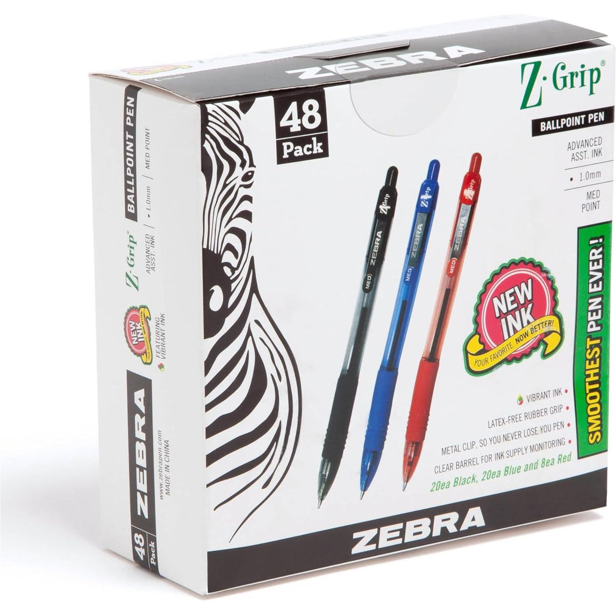 Zebra Pen Z-Grip Retractable Ballpoint Pen, Medium Point, Assorted Business Colors, 48-Pack, Model Number: 22048,
