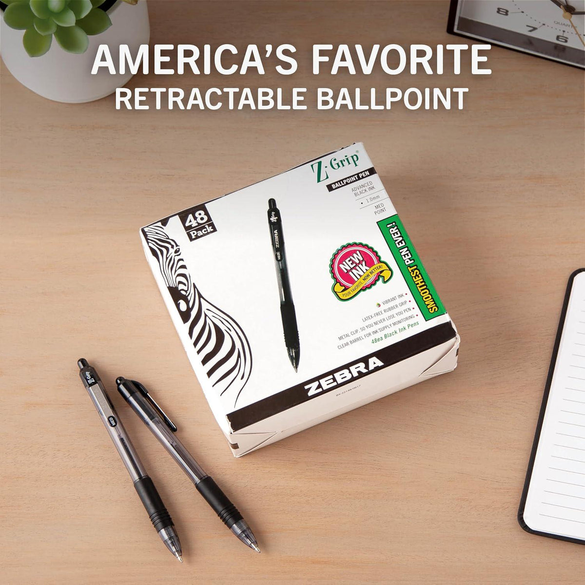 Zebra Pen Z-Grip Retractable Ballpoint Pen, Medium Point, 1.0mm, Black Ink, Model Number: 22148 - (Pack Of 6, 288 Count Total),