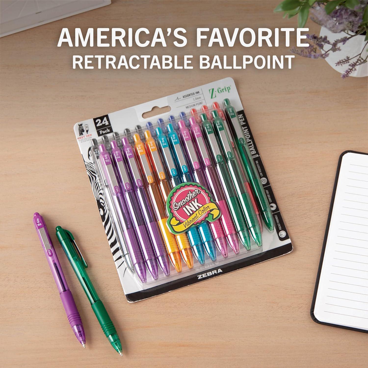 Zebra Pen Z-Grip Retractable Ballpoint Pen, Medium Point, Assorted Fashion Colors, 24-Pack (12223),