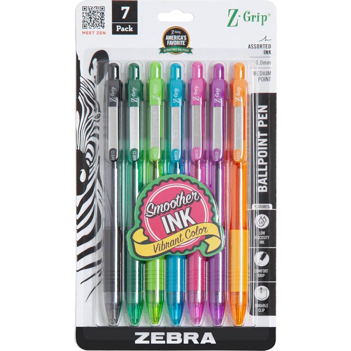 Zebra Pen Z-Grip Retractable Ballpoint Pen, Medium Point, 1.0mm, Assorted Fashion Colors, 7-Pack (22276),