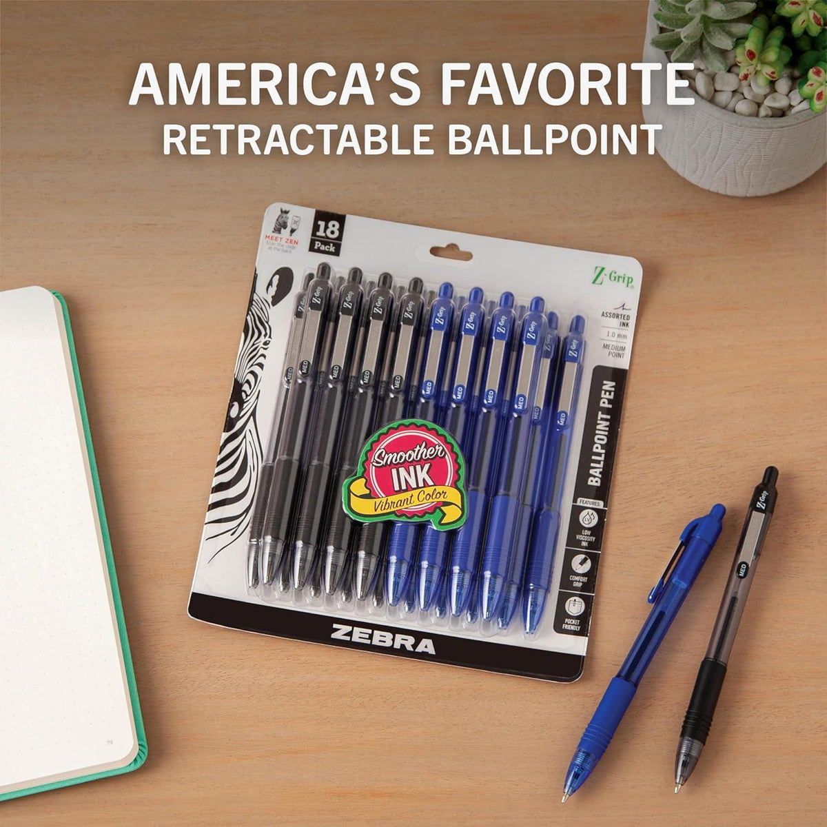 Zebra Pen Z-Grip Retractable Ballpoint Pen, Medium Point, Assorted Business Colors, 18-Pack, Model Number: 22018amz,