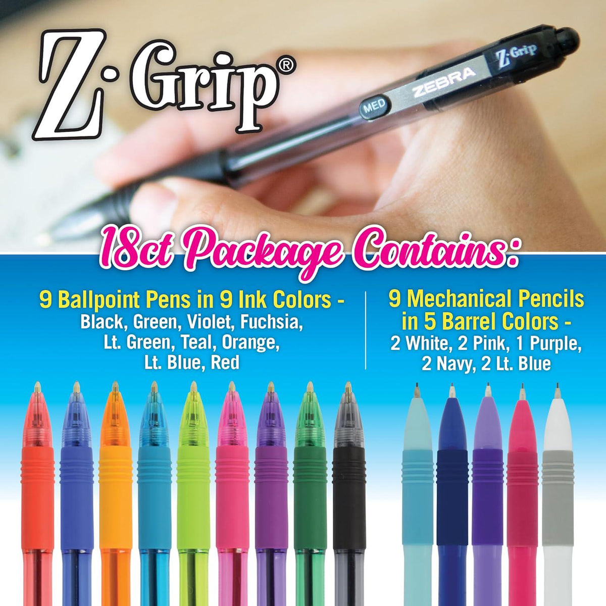 Zebra Pen Z-Grip Retractable Ballpoint Pen, Medium Point, Assorted Ink, Plus Z-Grip Mechanical Pencil, Medium Point, HB #2, Graphite, 18-Pack. (23618),