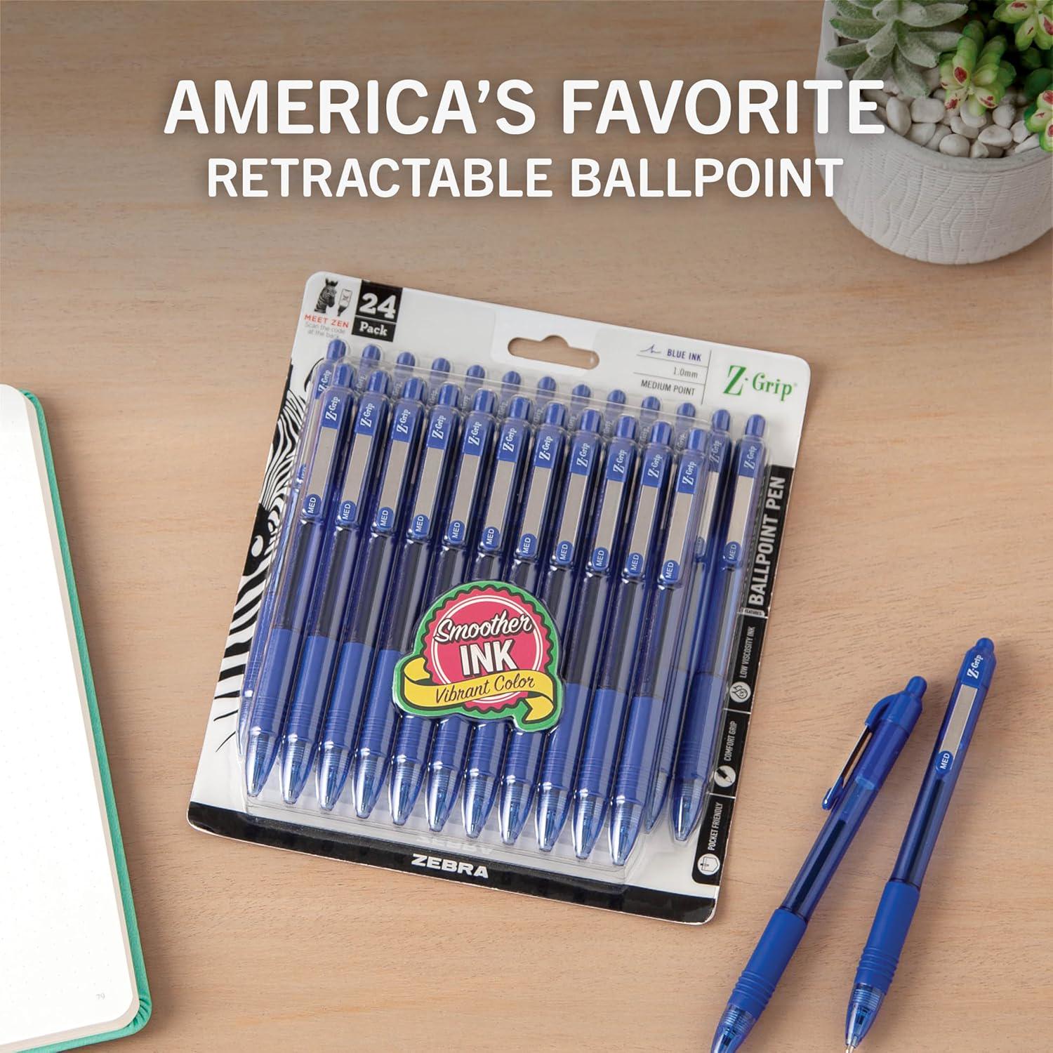 Zebra Pen Z-Grip Retractable Ballpoint Pen, Medium Point, Blue Ink, 24-Pack, Model Number: 12225,