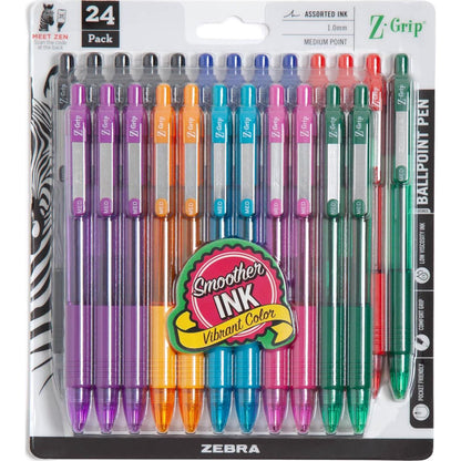 Zebra Pen Z-Grip Retractable Ballpoint Pen, Medium Point, Assorted Fashion Colors, 24-Pack (12223),