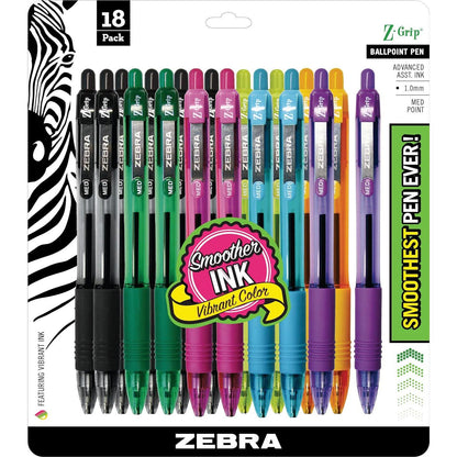 Zebra Pen Z-Grip Retractable Ballpoint Pen, Medium Point, 1.0mm, Assorted Fashion Colors - 18 Pieces (22208),