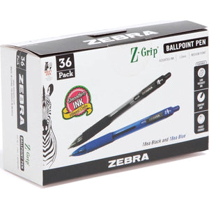 Zebra Pen Z-Grip Retractable Ballpoint Pen, Medium Point, 1.0mm, Blue And Black Ink, 36-Pack,