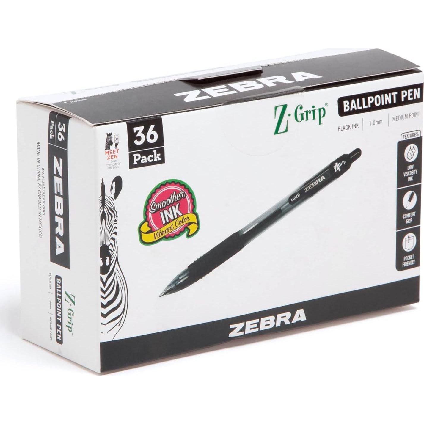 Zebra Pen Z-Grip Retractable Ballpoint Pen, Medium Point, 1.0mm, Black Ink, 36-Pack,
