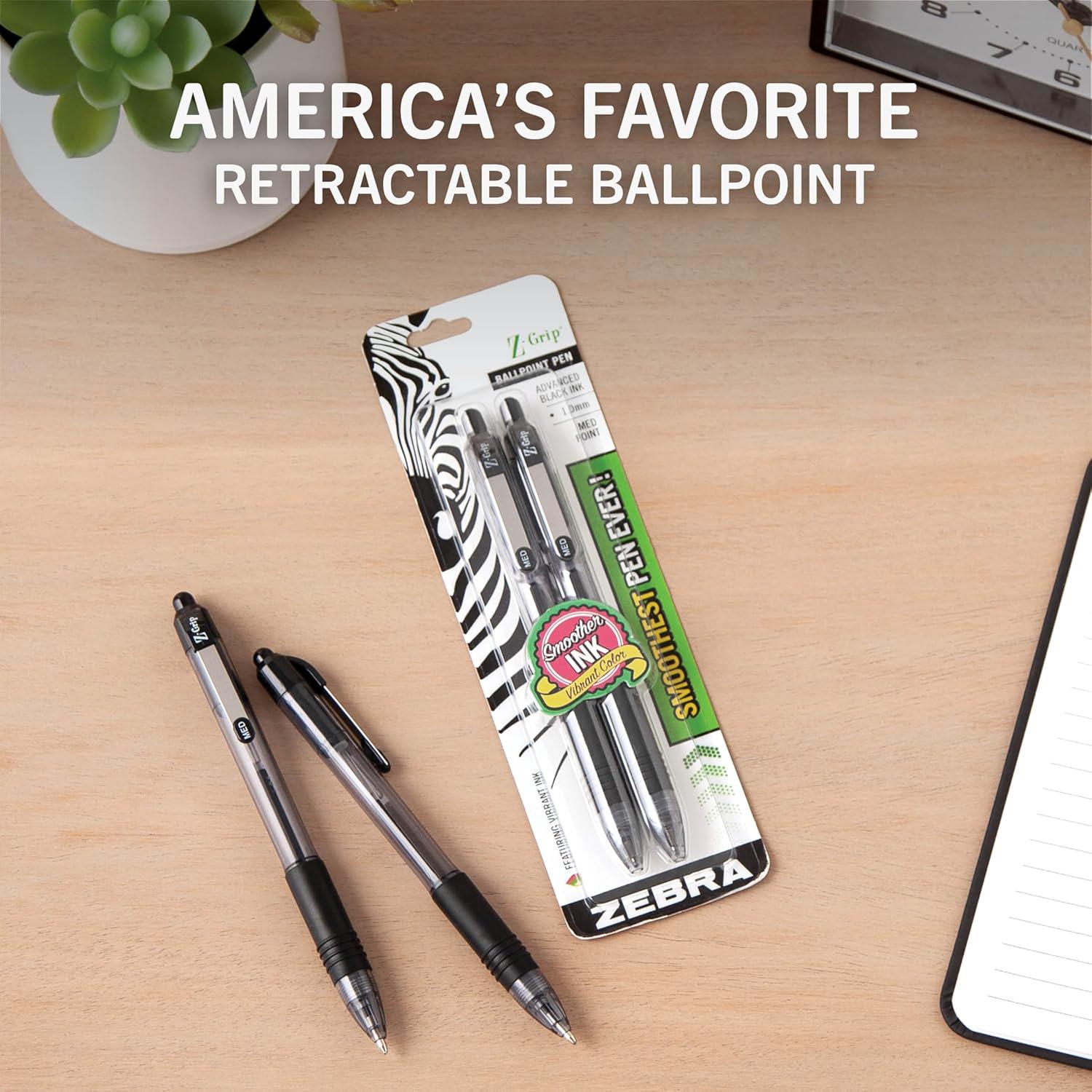 Zebra Pen Z-Grip Retractable Ballpoint Pen, Medium Point, 1.0mm, Black Ink, 2-Count,