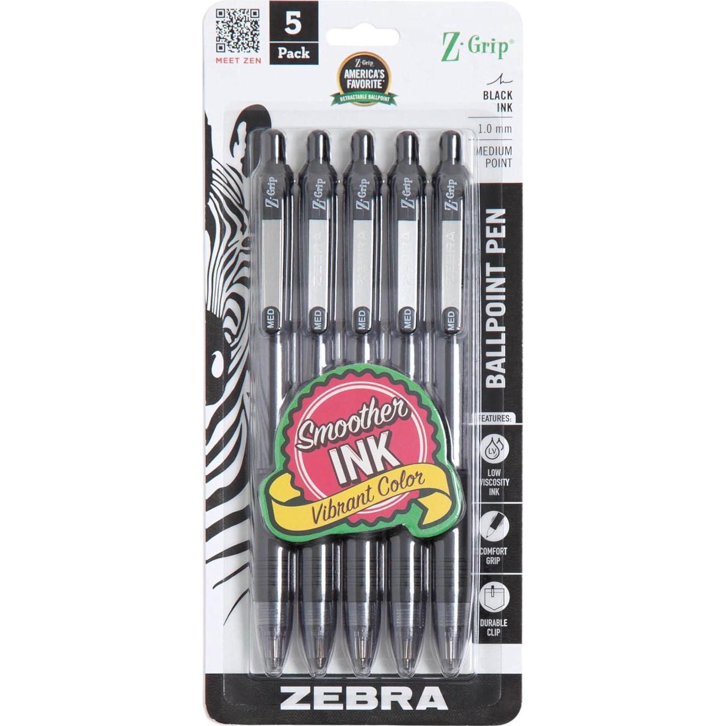 Zebra Pen Z-Grip Retractable Ballpoint Pen, Medium Point, 1.0mm, Black Ink, 5-Pack (22215),
