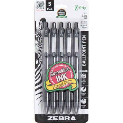 Zebra Pen Z-Grip Retractable Ballpoint Pen, Medium Point, 1.0mm, Black Ink, 5-Pack (22215),