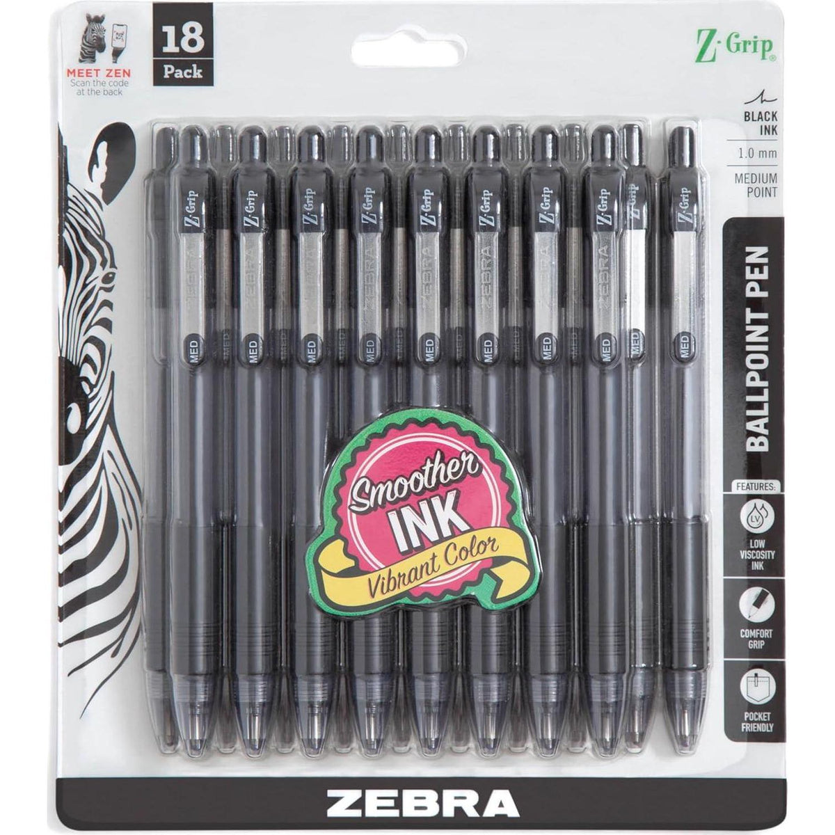 Zebra Pen Z-Grip Retractable Ballpoint Pen, Medium Point, Black Ink, Model Number: 22218, 18-Pack (22218),