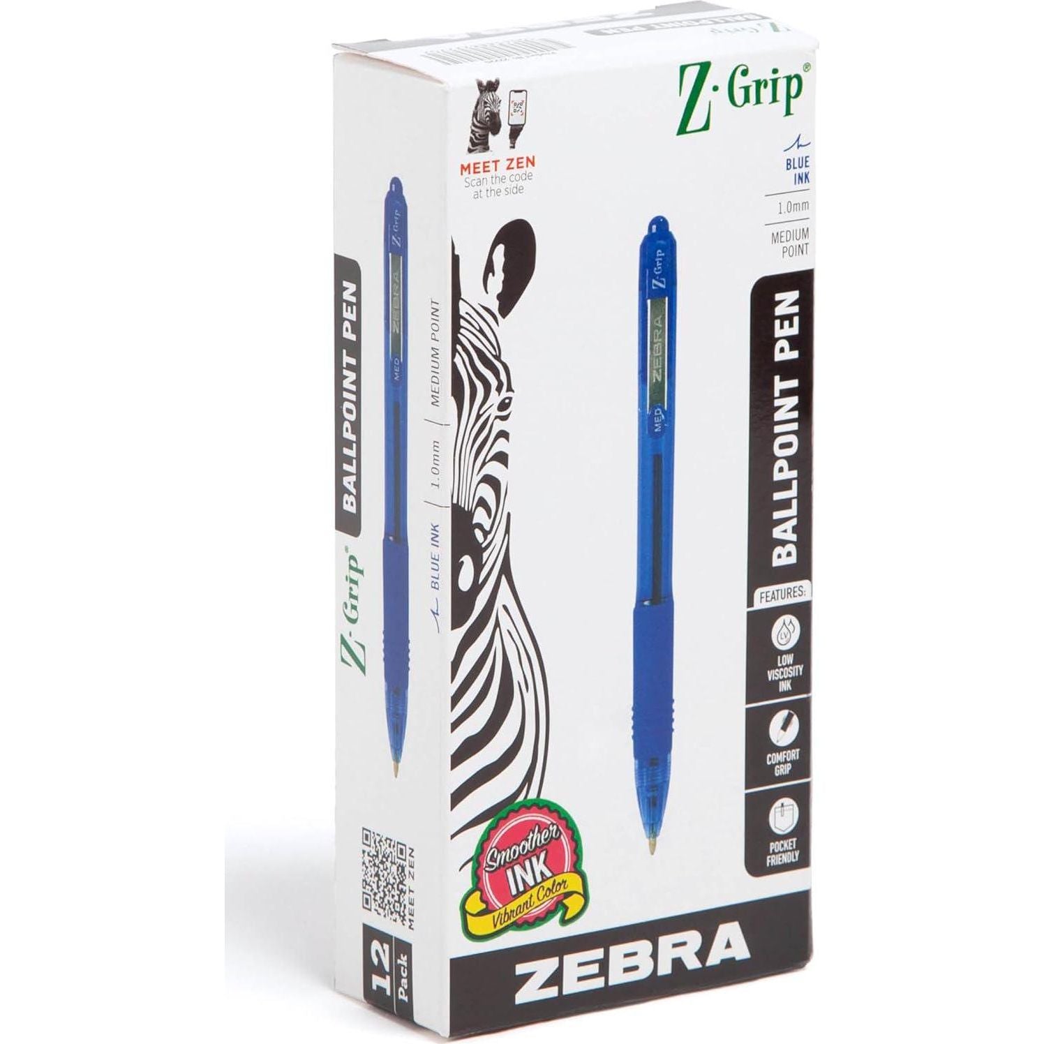Zebra Pen Z-Grip Retractable Ballpoint Pen, Medium Point, 1.0mm, Blue Ink, 12-Count (22220),