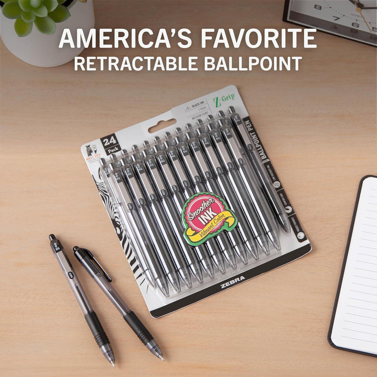 Zebra Pen, Bulk Pack Of 24 BLACK And RED Ink Pens, Z-Grip Retractable Ballpoint Pens Medium Point 1.0 Mm (Black),