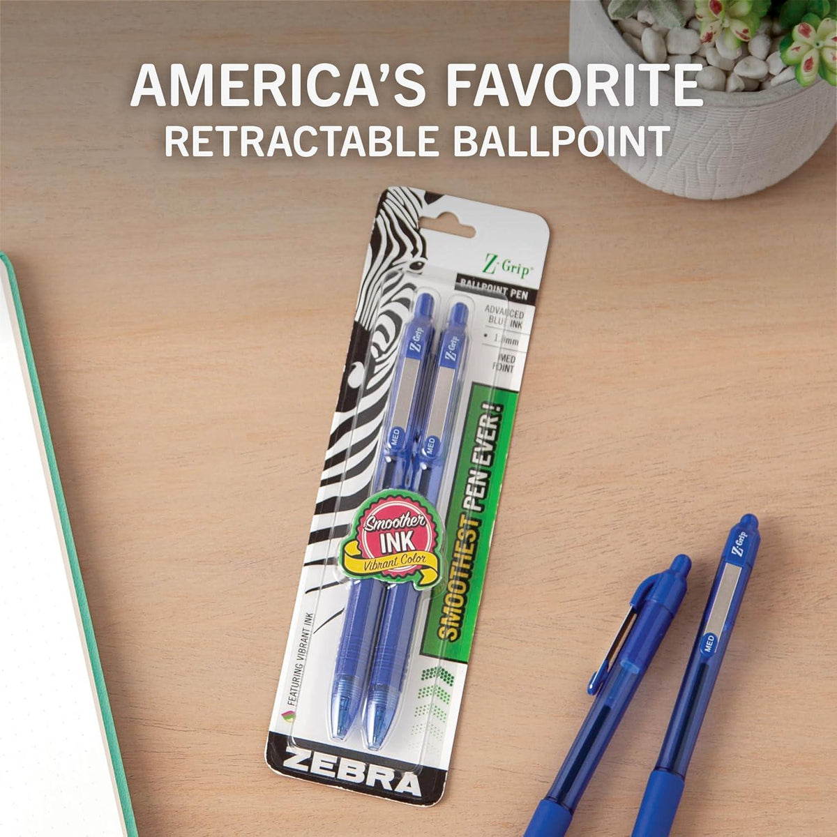 Zebra, Z-Grip Retractable Ballpoint Pen, 1.0mm, Blue, 2 Pack(22222),