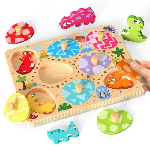 Zeoddler Wooden Dinosaur Egg Puzzle 8 Piece Set Montessori Toy for Toddlers Boys and Girls Ages 3+