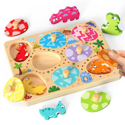 Zeoddler Wooden Dinosaur Egg Puzzle 8 Piece Set Montessori Toy for Toddlers Boys and Girls Ages 3+
