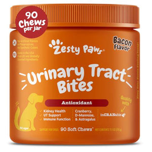 Zesty Paws cranberry chews for dogs 90 count bacon flavor supports bladder urinary tract immune and gut health