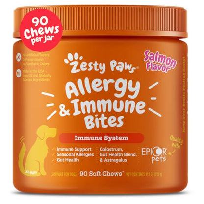 Zesty Paws Dog Allergy Chews Salmon 90 Count with Probiotics Itchy Skin and Ear Relief for Dogs