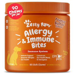 Zesty Paws Dog Allergy Relief Chews, Skin & Ear Support, Probiotics, 90 Ct, PB Flavor