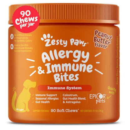 Zesty Paws Dog Allergy Relief Chews, Skin & Ear Support, Probiotics, 90 Ct, PB Flavor