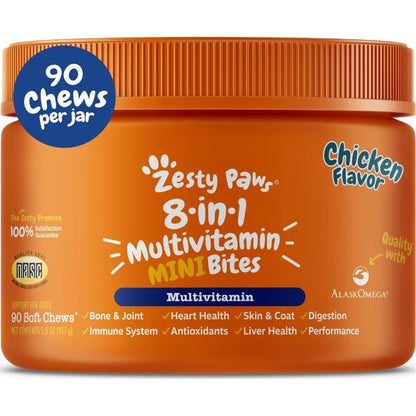 Zesty Paws Dog Multivitamin Chicken Mini Bites 90 Chews for Joints Skin Coat Senior and Puppy