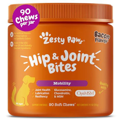 Zesty Paws Hip and Joint Dog Chews Bacon Flavor 90 Count with Glucosamine Chondroitin MSM Vitamins C and E